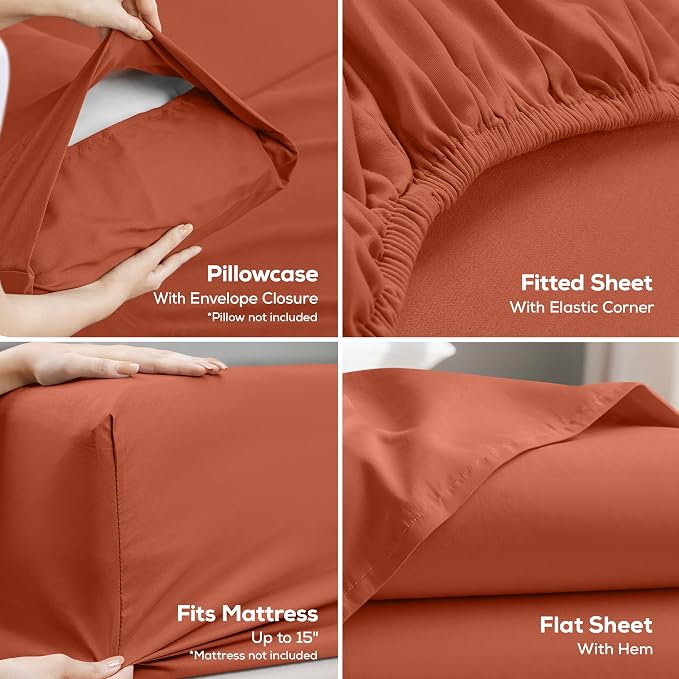 King Sheets Set, 4 Pieces 16" Deep Pocket Hotel Luxury Bed Sheets, Orange | Extra Soft Bedsheet Set, Comfy & Breathable Cooling Sheets, Wrinkle & Fade Resistant, Fitted Sheet, Flat Sheet, 2 Pillowcases