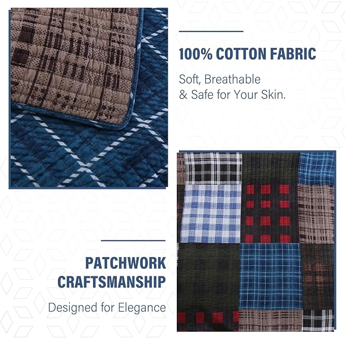 Quilt Set Queen Size, Cotton Patchwork Blue Black Checkered Patterns Quilt Sets, Reversible Bedspread Lightweight and Breathable for All Seasons, Soft Quilted Bedspread with 2 Pillow Shams