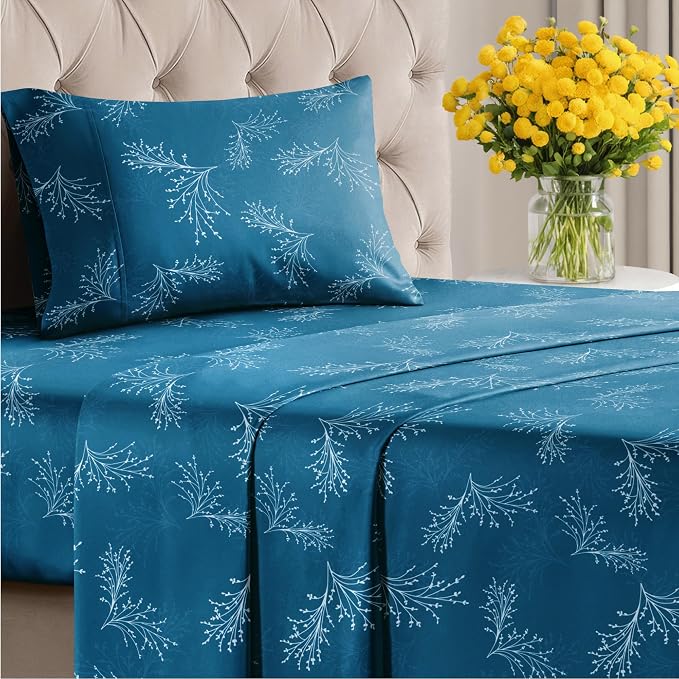 Twin 4 Piece Floral Sheet Set - Soft, Breathable & Cooling - Sea Spray | 1 Flat, 1 Fitted & 2 Pillowcases w/ Deep Pockets, Boho Botanical Floral Bedding, Breathable & Cooling, Wrinkle & Fade Free
