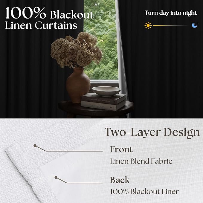 TWODRAPES Snow White Pleated Linen 100% Blackout Curtains 100 Inches Long | Pinch Pleat Back Tab, Linen Drapes with Liner, Black Out Thermal Insulated, Energy Saving Curtain for Living Room Bedroom
