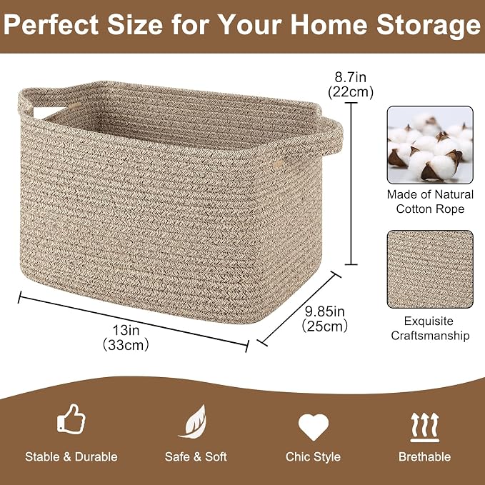 OIASKET Storage Basket for Organizing, Woven Baskets for Storage, Rectangle Decorative Baskets for Shleves, Closet, Toys, Books, Nursery Organizer Bins - Pack of 3 (Brown, 13"x9.85"x8.7")