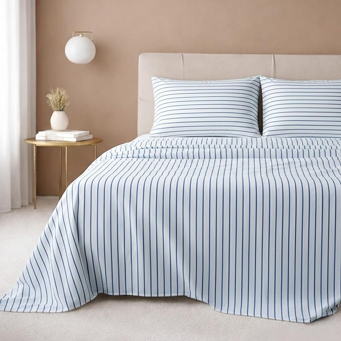 California Design Den 600 Thread Count Queen Size Bed Sheet Set | 100% Cotton Sateen Backed by Good Housekeeping Seal, Soft & Smooth, 16" Deep Pocket, Easy Care - Classic Blue Stripe Print