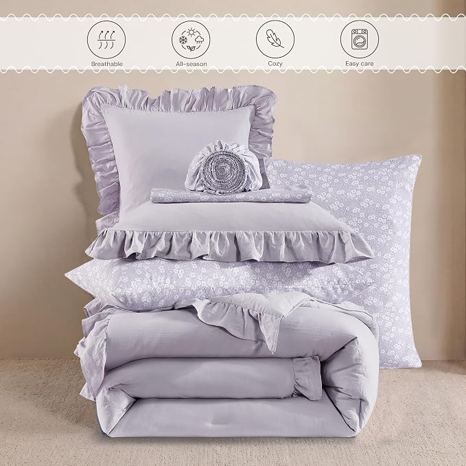 Full Size Comforter Sets-7 Pieces Ruffle Bedding Floral Sheet | Lilac Bed in a Bag, Soft Lightweight All Season Farmhouse Full Size Bedding Sets with Floral Sheets, Pillowcases & Shams