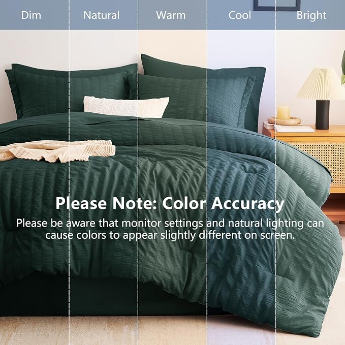 Full Comforter Sets, 7 Pieces Forest Green Seersucker Bed in a Bag | OEKO-TEX Certified, All Season Bedding Set with 240 GSM Down Alternative Comforter, Flat & Fitted Sheets, Pillowcases & Shams