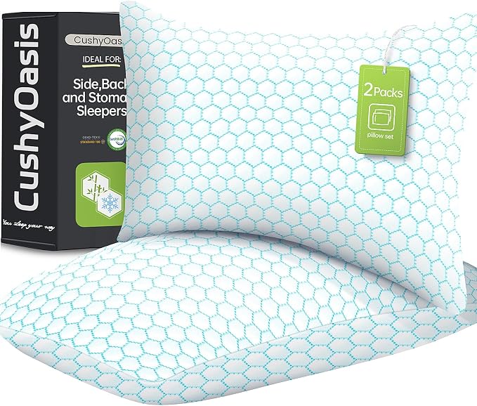 CushyOasis Cooling Pillow for Sleeping, Pillows Queen Size Set of 2, Blue | CertiPUR-US Shredded Memory Foam Pillows, Cool Bed Pillow for Hot Sleepers, Adjustable Firm for Side, Back, Stomach Sleepers