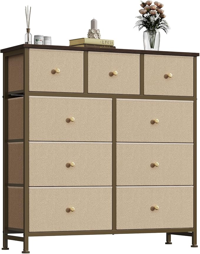 DUMOS 9 Drawer Dresser for Bedroom, Storage Organizer Chest of Drawers | Fabric Bins Storage Tower with Sturdy Metal Frame, Wood Tabletop for Closet, Khaki