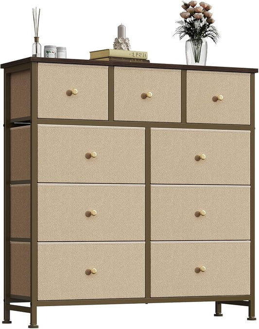 DUMOS 9 Drawer Dresser for Bedroom, Storage Organizer Chest of Drawers | Fabric Bins Storage Tower with Sturdy Metal Frame, Wood Tabletop for Closet, Khaki