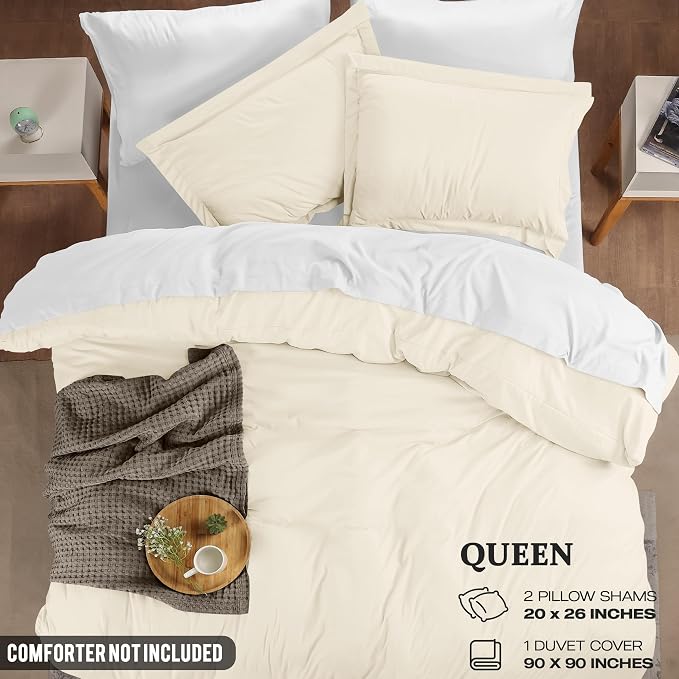 Duvet Cover Queen, 3 Piece Cotton Like Polyester With Zipper Closure, Ivory | Extra Soft and Breathable, Wrinkle & Fade Resistant, Includes Duvet Cover and 2 Pillow Shams, Comforter Not Included, OekoTex