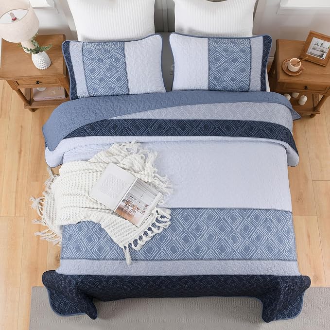 Cottolester Full Size Quilt,3 Pcs Mineral Blue Striped Plaid Bedspread | Boho Summer Bedding Set，Soft Lightweight Coverlets Set for Men Women,Microfiber Quilt Bedding Sets for All Seasons 78"x90"