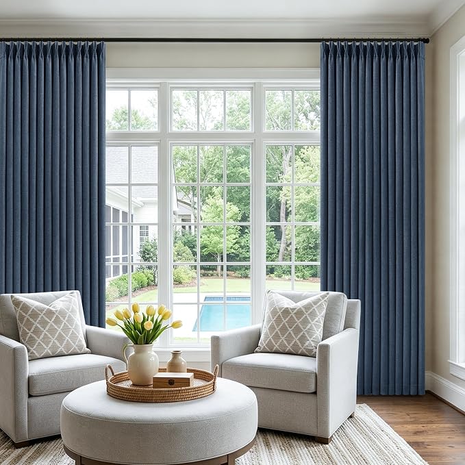 Navy Blue 108 Inch Pinch Pleated Blackout Linen Bedroom Curtains 2 Panels | Memory Trained Drapes with Liner, Soundproof Room Darkening, Pinch Pleat with Hooks Rings, Navy Blue, for Bedroom Dining Room