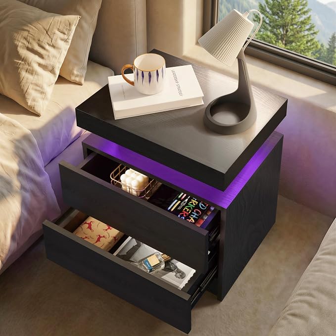 i-aplus LED Nightstand with Wood 2 Drawers Modern Bedside Table for Bedroom | Nightstands with App-Controlled RGB LED Lights, Night Stand with Storgae Drawer, Modern Bedside Table for Bedroom