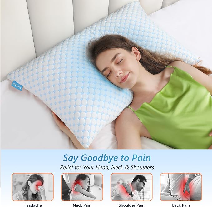 UYWO Cooling Memory Foam Pillows Standard Size Set of 2, Blue | Firm/Soft Cooling Bed Pillows for Side/Back/Stomach Sleepers, Ergonomic Neck Support Pillow