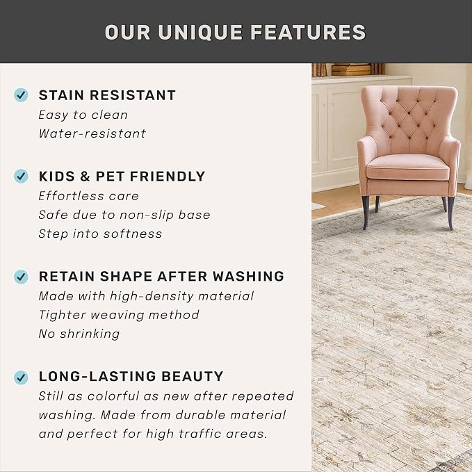 2x6 Long Beige Farmhouse Kitchen Runner Rug Washable Non Slip Carpet for Bathroom, Entryway, Soft Low Pile Floral Vintage Rugs for Bedroom, Bedside, Hallway