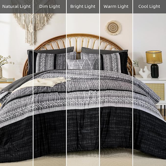 Dintszyayue Black Comforter Set Cal King Size, 8 Pieces Boho Striped Bed in a Bag Soft Microfiber Bedding Set for All Season