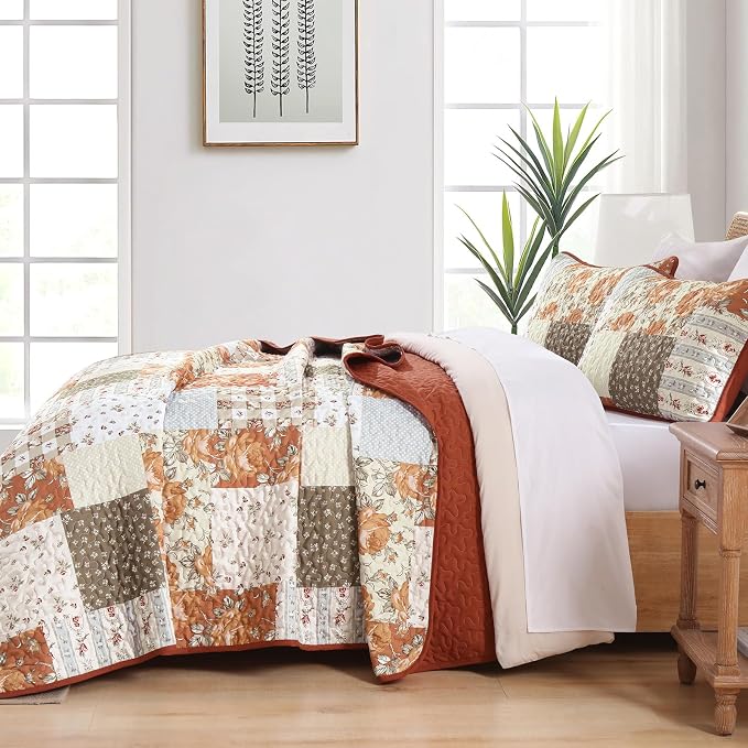 Floral Patchwork Quilt Set King Size, Terracotta Fall Bedspread Coverlet | Autumn Farmhouse Plaid Bedding Set 3 Pcs, Soft Lightweight Bed Cover for All Season, 110''x90''