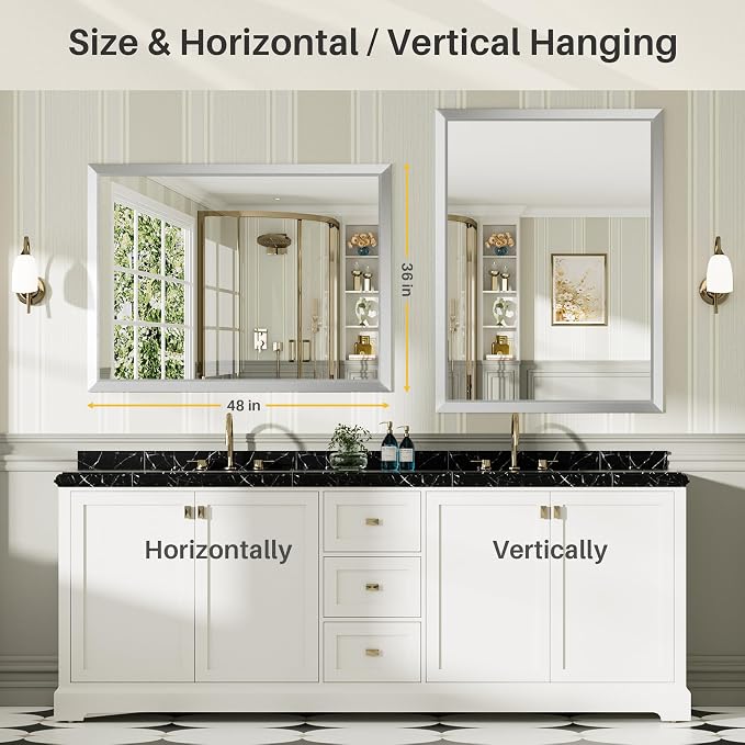 Bathroom Wall Mirror, Silver Brushed Nickel Metal Frame, 48x36 Inch | Anti-rust, HD tempered glass, for bathroom vanity, bedroom, living room, horizontal or vertical mount