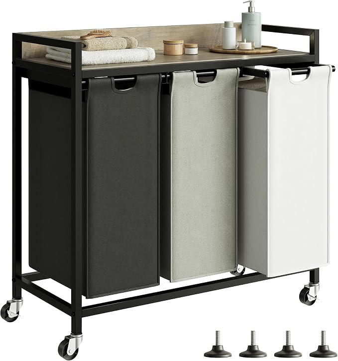 Herture Laundry Hampers with Shelf, Laundry Basket 3 Section, 3 x 15.87 Gal | Laundry Sorter with Pull-Out Removable Large 3 Color Bags and Movable Wheels, Metal Frame, Greige PF04XLZ