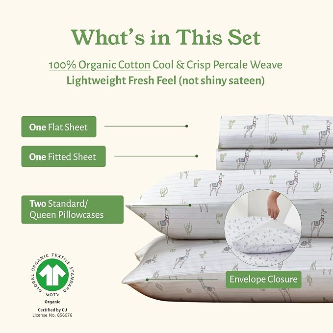 California Design Den Organic Cotton Deep Pocket Queen Sheets, Llama Print | GOTS Certified, Lightweight Crisp & Airy Percale For Hot Sleepers, 15" Deep Pocket, All-around Elastic, Easy Care