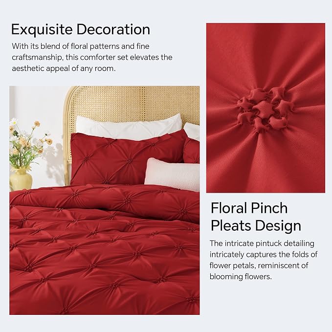 BEDELITE King Comforter Set Rose Red,Lightweight & Soft Comforter | Pintuck Boho Bedding, Warm & Cute Bed Set for All Season,With 2 Pillowcases