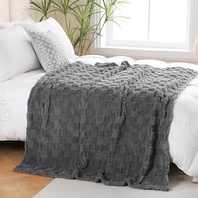 Grey Fleece Throw Blanket 60”×80” Checkered Design for Couch | Super Soft Cozy Plush Microfiber 3D Square Pattern Flannel Blanket for Sofa Bed Lightweight for Adults,Women