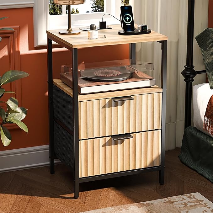 VINGLI Night Stand with Charging Station and Fabric Drawers, Fluted Nightstand Oak with 2 Drawers, Bed Side Table/End Table for Bedroom, 14.96" W*11.81" D*23.78" H