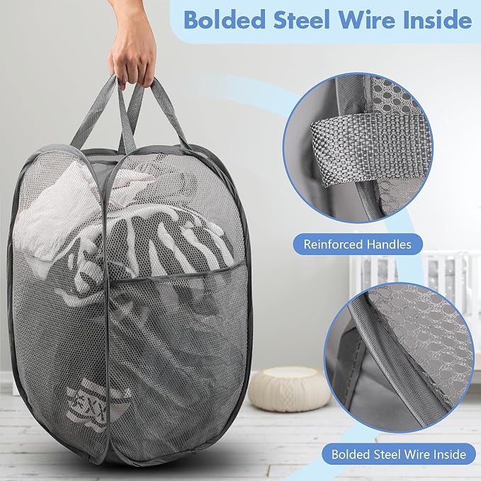 Pop Up Laundry Hamper, 70 L Collapsible Mesh Basket with Side Pocket, Gray | Reinforced handles, breathable fabric, foldable, portable for dorm college travel camping cruise, dirty clothes, toys storage