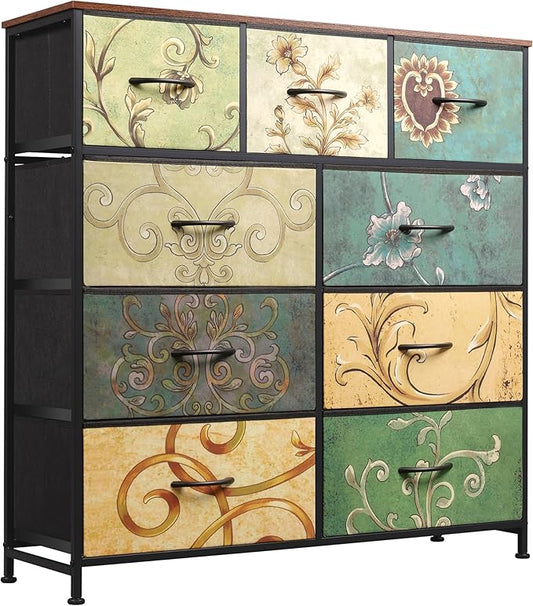WLIVE Tall Dresser for Bedroom, 9 Drawer Chest of Drawers, Floral | 9 roomy fabric drawers, Tall storage design, Bedroom or closet use, Sturdy steel frame, Smooth wood tabletop