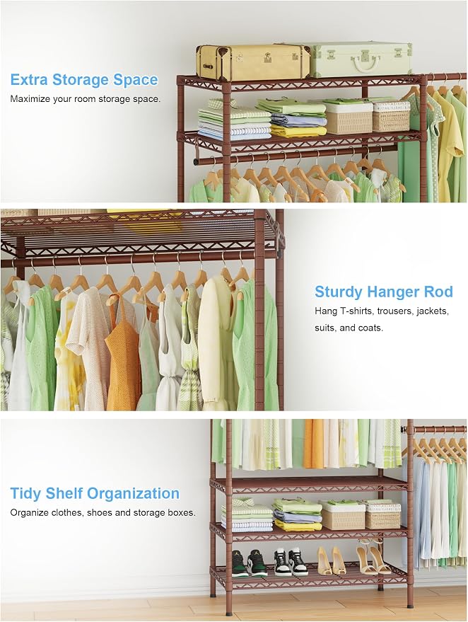 Ulif E11 Heavy-Duty Closet Garment Rack, Metal Clothes Rack, Load 1034lbs | Bronze Freestanding Expandable Clothing Storage Organizer System for Hanging Clothes, (73.2-97.6)"W x 14.5"D x 71.2"H