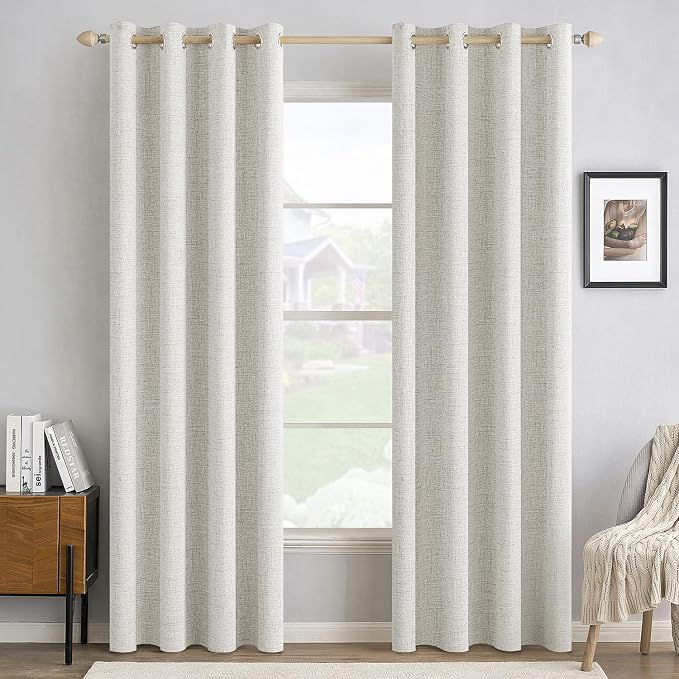 MIULEE 100% Blackout Linen Curtains for Bedroom 52x90 Inches Light Beige | Room Darkening, Light Blocking, Thermal Insulated, Grommet Top, Linen Textured, Window Curtains for Living Room, 2 Panels