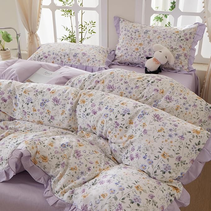 mixinni Floral Duvet Cover Set Twin Size, 100% Cotton 3-Piece Bedding Set with Ruffled Lace, Reversible Lavender Wildflower Ruffle Design, Soft Aesthetic Cottagecore Duvet Cover with Zipper Closure