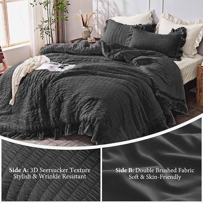 JOLLYVOGUE Black Twin/Twin XL Comforter Set, 2 Pieces Seersucker Lightweight Fluffy Bedding Set, Twin Ruffle Comforter, All Season Soft Microfiber Shabby Chic Bed Set