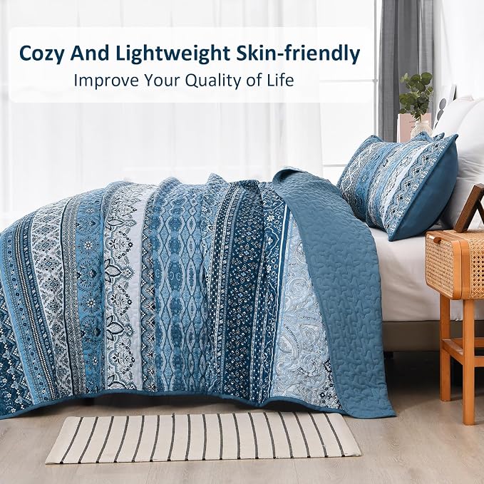 WONGS BEDDING Blue Quilt Queen Size,3 Pcs Bedspread Bedding Set | Colorful Bohemian Striped Printed Bedding for All Season, Lightweight Microfiber Coverlet Set with 2 Pillowcases( 96"x90" )