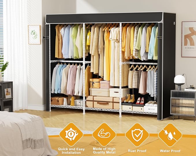ULIFHOME E14C Pro Heavy Duty Closet Organizer System，Freestanding Clothing Racks for Hanging Clothes，Adjustable Garment Rack 69" W × 16" D × 77" H Hold 960 lbs，White Rack with Black Dustproof Cover