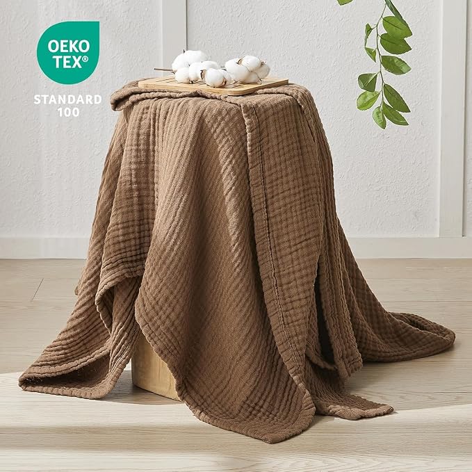 EMME Muslin Blankets for Adults Throw Blanket for Couch Breathable Gauze Soft Lightweight Airy Brown Queen 90" x 90"