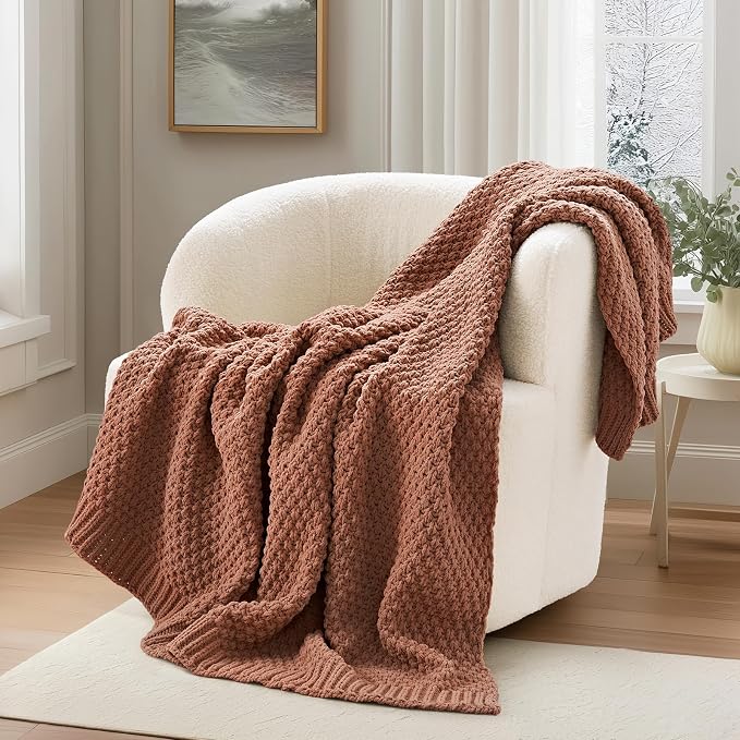 EVERGRACEHOME Chunky Chenille Knit Throw Blanket, 50 x 60, Terracotta Clay | Sculpted Moss Stitch, Chic Modern Farmhouse, All-Season Warmth, OEKO-TEX® Certified, Elegant Blanket for Couch, Bed, Sofa