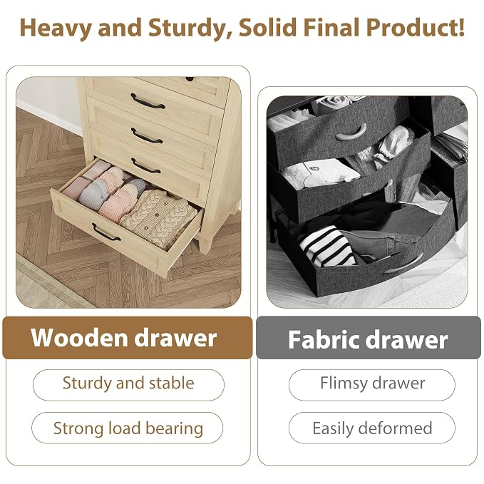 GarveeHome 5 Dresser for Bedroom, 41.3 in Tall Vertical Drawer Dresser with Large Storage, Freestanding Wooden Closet Chest for Bedroom, Living Room, Natural Oak