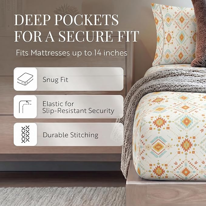 Linen Market Patterned Microfiber Queen Sheet Set 4 Piece – Oeko-TEX Certified Ultra Soft & Wrinkle-Free - 16" Deep Pocket Sheets - Easy Care Queen Size - Aztec Dreams Coral