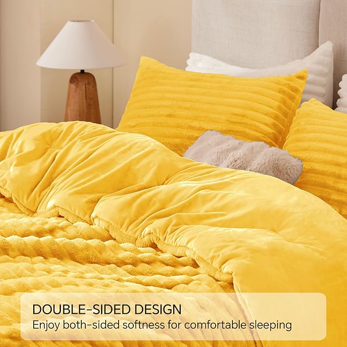 BEDELITE Fleece Twin/Twin XL Comforter Set, Fluffy Bed Set, Bright Yellow | Super Soft & Warm Bedding, Luxury Fuzzy Faux Fur Comforter for Winter, Heavy Plush Bedding, with 1 Pillowcase