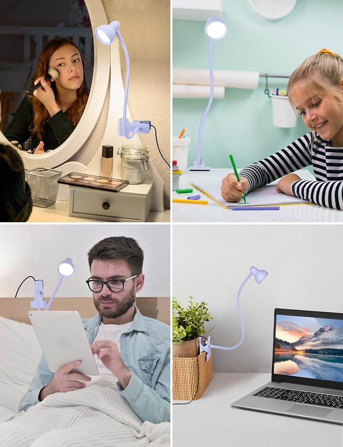 LiFMIRA Desk Lamp Clip on Lamp for Bed, LED Reading Light for Bed Purple | 3 Colors 10 Dimmable Brightness, LED Book Light for Reading in Bed Flexible Clip on Light Clamp Lamp for Bed Headboard Desk