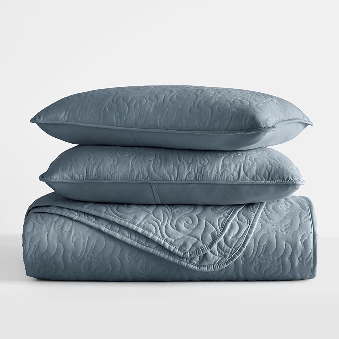 Merit Linens Modern Quilt Coverlet Soft Set in Floral Stitching - Full/Queen Dusk Blue
