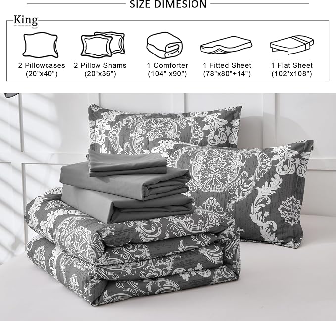 WONGS BEDDING Dark Grey Comforter Set King Size, Damask Texture 7 Pieces Bed in a Bag Microfiber Comforter Bedding Sets -1 Comforter, 1 Flat Sheet, 1 Fitted Sheet, 2 Pillow Shams, 2 Pillowcases