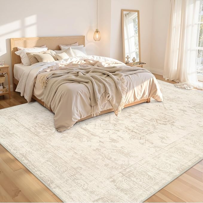 10x12 Area Rugs Living Room: Bedroom Washable Carpet Beige/Brown | Large Vintage Boho Indoor Decor Neutral Soft Nursery Farmhouse Dining Room Office Floor Non-Slip Low Pile Under Table Rug