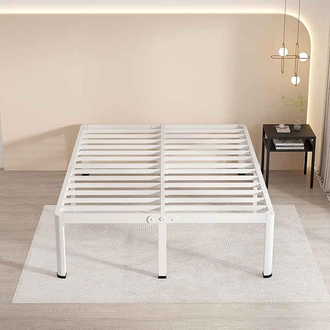 MAF 12 Inch Queen Metal Platform Bed Frame White with Round Corner Legs | Mattress Baffle, 3000 LBS Heavy Duty Steel Slat Support, Noise Free, No Box Spring Needed, Easy Assembly, 10.4" Storage Space