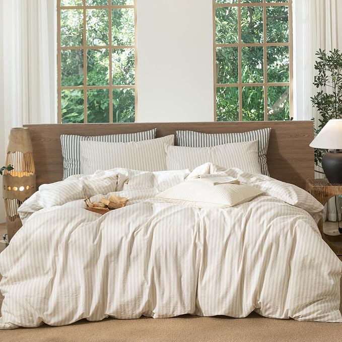 MooMee Striped Duvet Cover Set 100% Washed Cotton Linen Like Queen | Relaxed Linen-like Texture. Soft, Breathable & Long-lasting Comfort. Lightweight. Hidden Zipper with 8 Interior Corner Ties