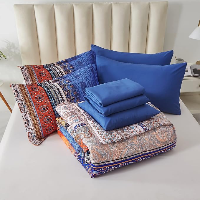 Cottolester Boho Comforter Set King Size 8 Piece Bed in a Bag Burnt Orange Paisley Fall Comforter and Sheet Set Bohemian Striped Bedding Set,Soft Microfiber Complete Bedding Set