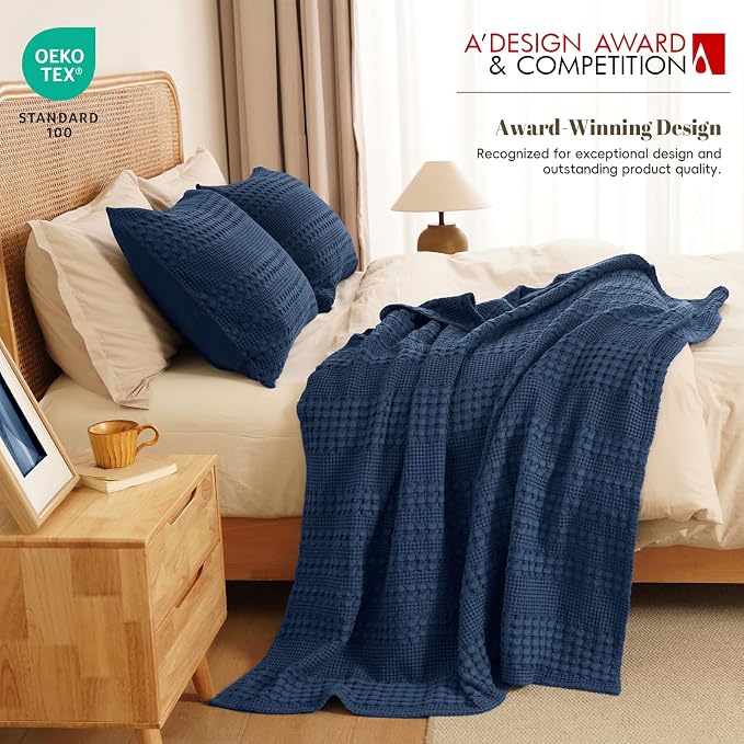 PHF Lightweight 100% Cotton Waffle Throw Blanket for Couch, Blue Sapphire | Pre-Washed Soft Cotton Comfort, Breathable Layering Warmth for Fall & Winter, Office, Travel, Sofa, Home Decor & Gifts