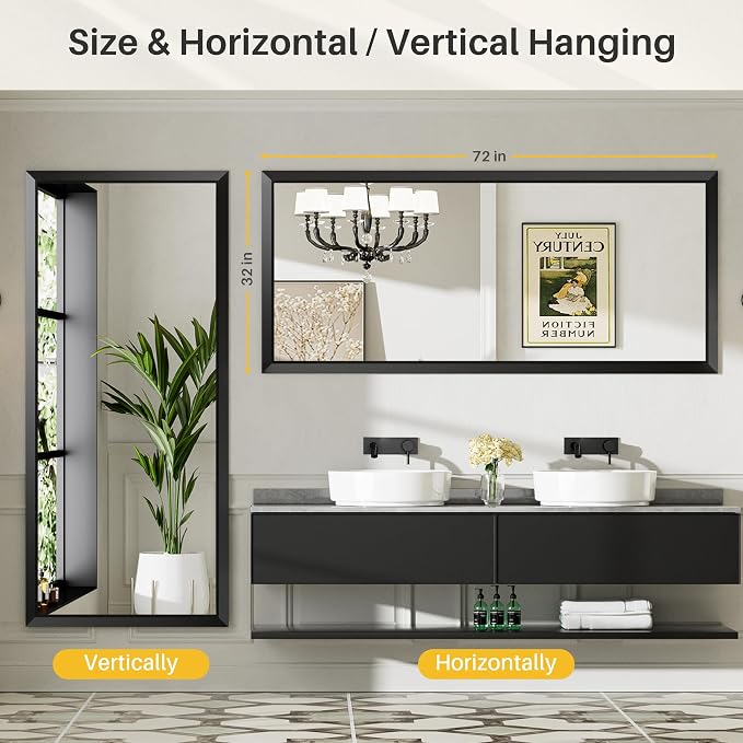 Black Metal Framed Bathroom Wall Mirror, 72x32 Inch | Anti-rust, HD tempered glass, for bathroom vanity, bedroom, living room, horizontal or vertical mount