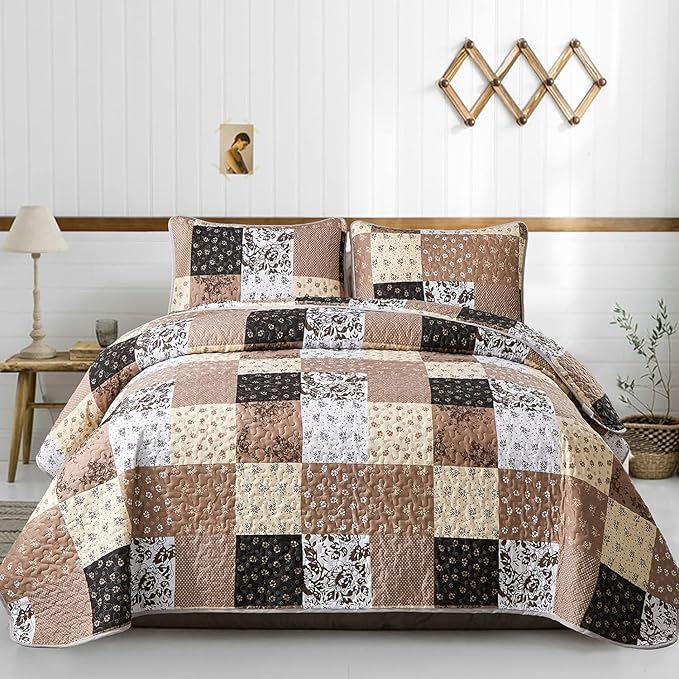 Mybedsoul Brown Quilt Set Full Size, Patchwork Floral Bedding Set | Soft Lightweight Microfiber Coverlet Set, 3 Pieces Plaid Reversible Bedspread, Bed Sets for All Seasons 78"x90"