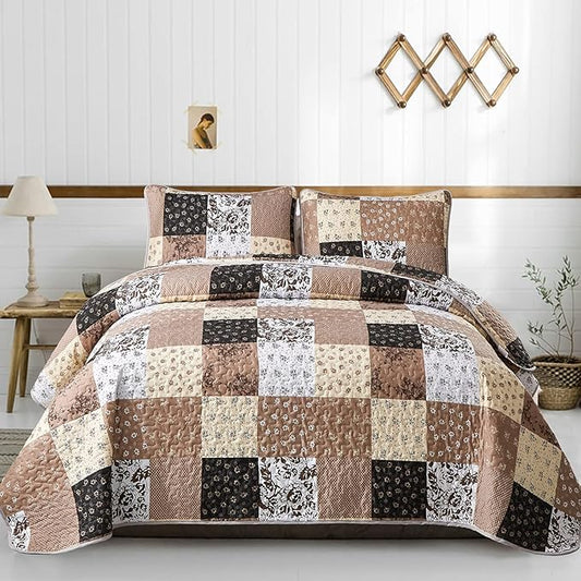 Mybedsoul Brown Quilt Set Full Size, Patchwork Floral Bedding Set | Soft Lightweight Microfiber Coverlet Set, 3 Pieces Plaid Reversible Bedspread, Bed Sets for All Seasons 78"x90"