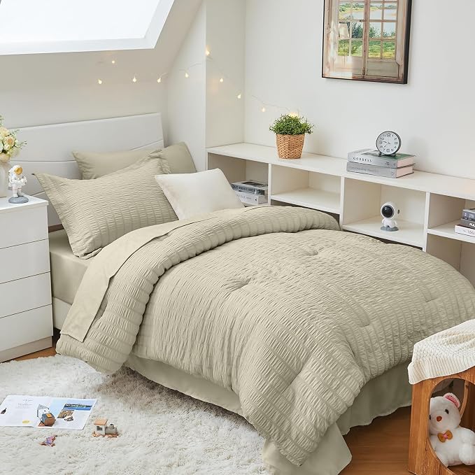 HYMOKEGE Light Linen Twin Comforter Set Seersucker 5 Pieces, All Season Luxury Bed in a Bag for Bedroom, Bedding Set with Comforter, Sheets, Pillowcase & Sham